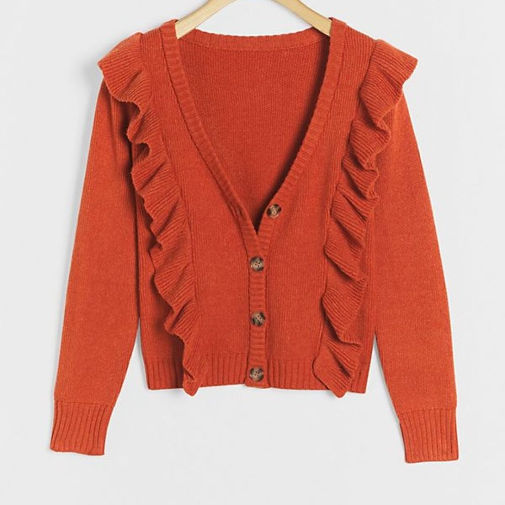 New ANTHROPOLOGIE Tina Ruffled Cardigan Sweater XS Orange